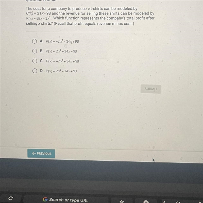 The cost for a company to produce x t-shirts can be modeled byC(x)=21x-98 and the-example-1