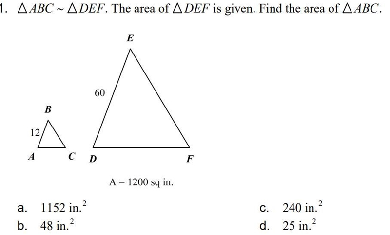 ABC  DEF. The area of DEF is given. Find the area of ABC.-example-1