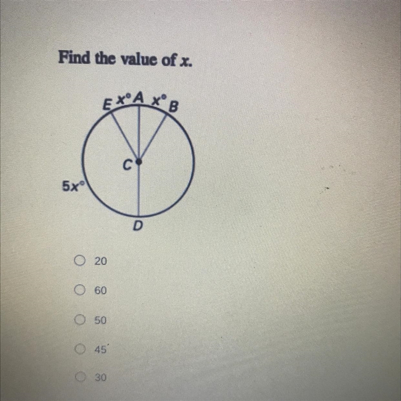 Find the value of x A 20 B 60 C 50 D 45 E 30-example-1