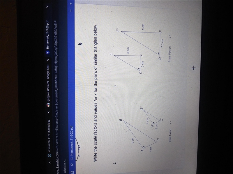 Write the scale factors and values for x for the pairs of similar triangles below-example-1