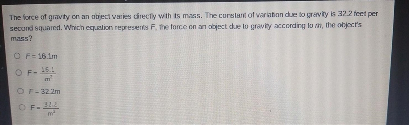 The force of gravity on an object varies directly with its mass. The constant of variation-example-1