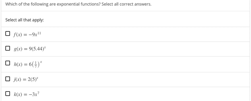 Which of the following are exponential functions? Select all correct answers.-example-1