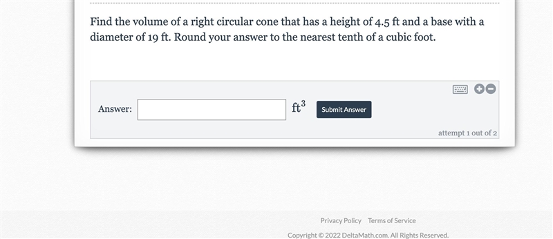 Find the volume of a right circular cone that has a height of 4.5 ft and a base with-example-1