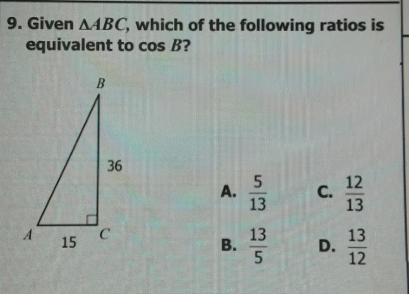 Given ABC, which of the following ratios is equivalent to cos B?-example-1