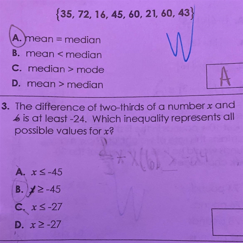 3. The difference of two-thirds of a number x and6 is at least -24. Which inequality-example-1