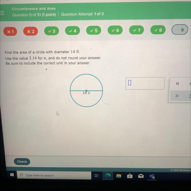 Find the area of the circle diameter 14 ft. Use the value 3.14 for n, and do not round-example-1