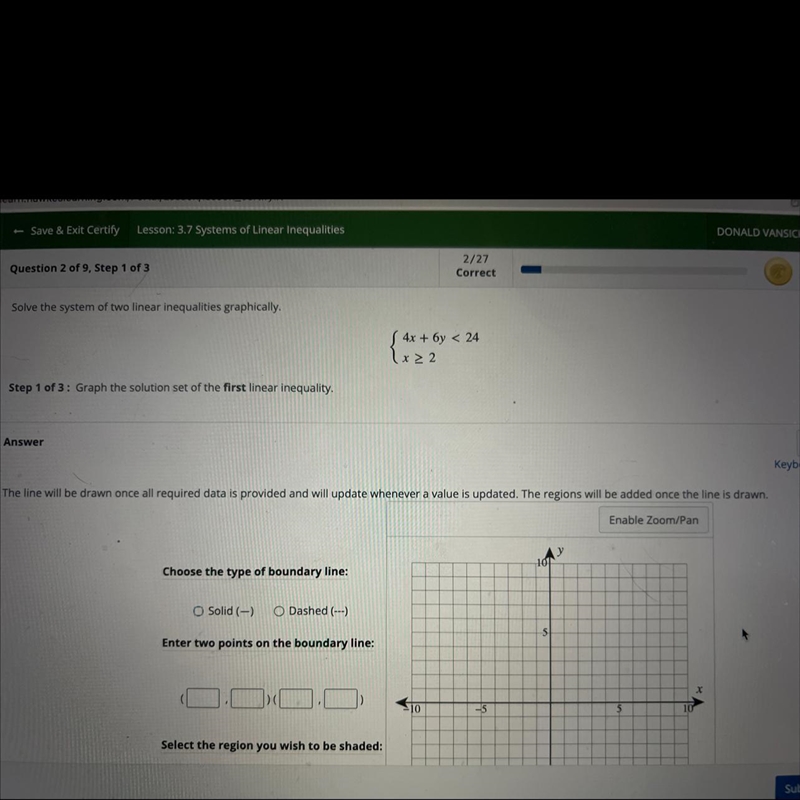 Solve the system of two linear inequalities graphically,4x + 6y < 24(x22Step 1 of-example-1