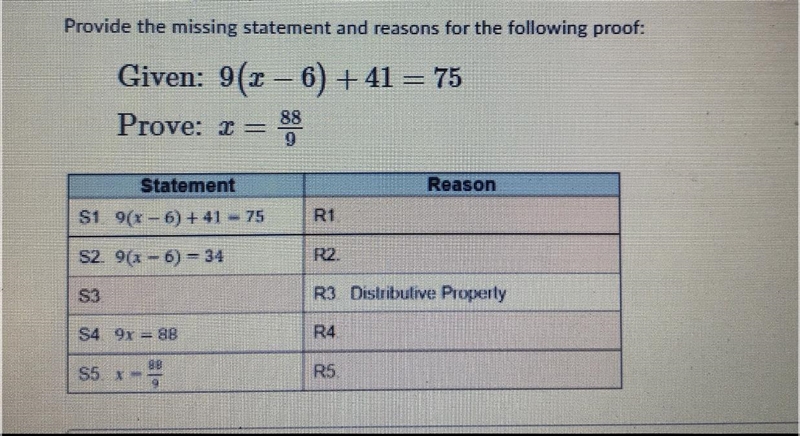 Provide the missing statement and reasons for the following proof:Given: 9(2 – 6) +41 = 75Prove-example-1