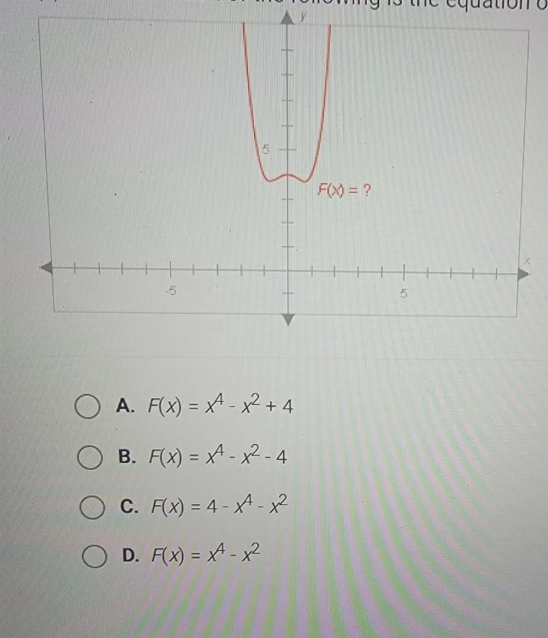 The graph of F(x), shown below, has the same shape as the graph ofG(x) = x - x? Which-example-1