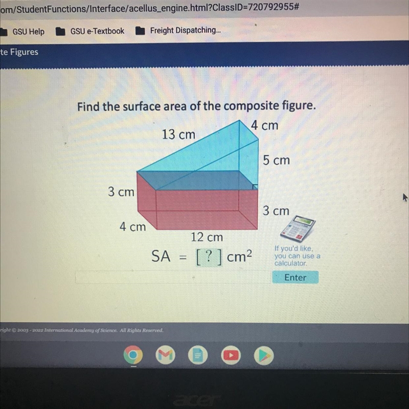 Find the surface area of the composite figure 4 cm 13 cm 3 cm 4 cm 12 cm SA = [?] cm-example-1