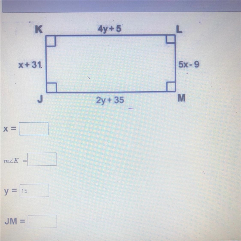 JKLM is a triangle. Find the measure of angle KL and JM-example-1