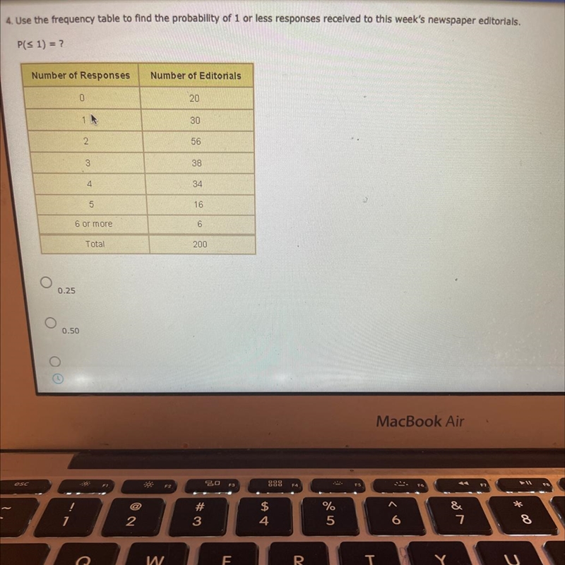 4. Use the frequency table to find the probability of 1 or less responses received-example-1