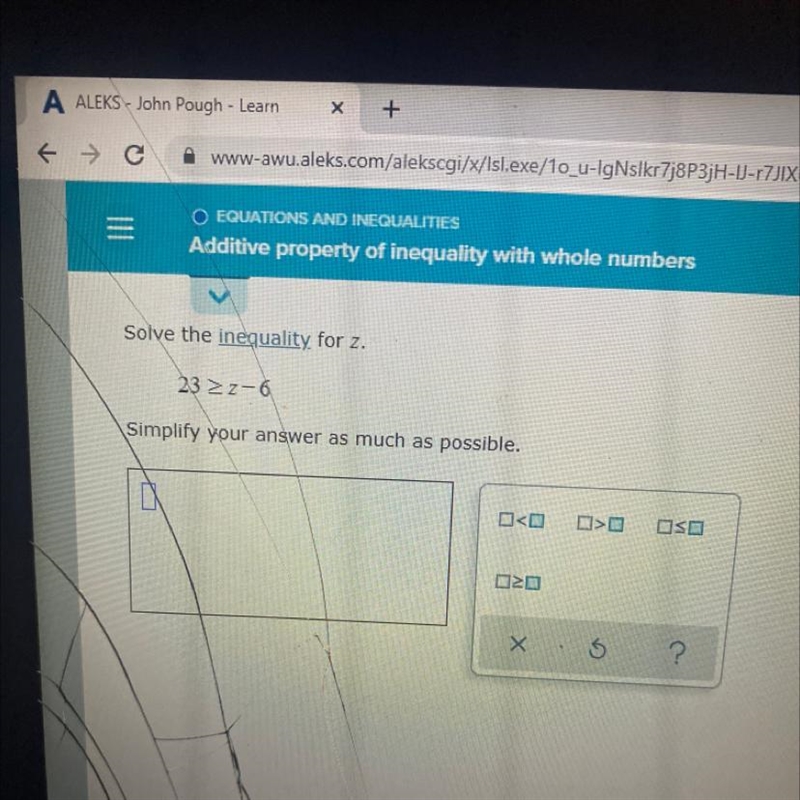 Solve the inequality for z. 23 7-6 Simplify your answer as much as possible. D&gt-example-1