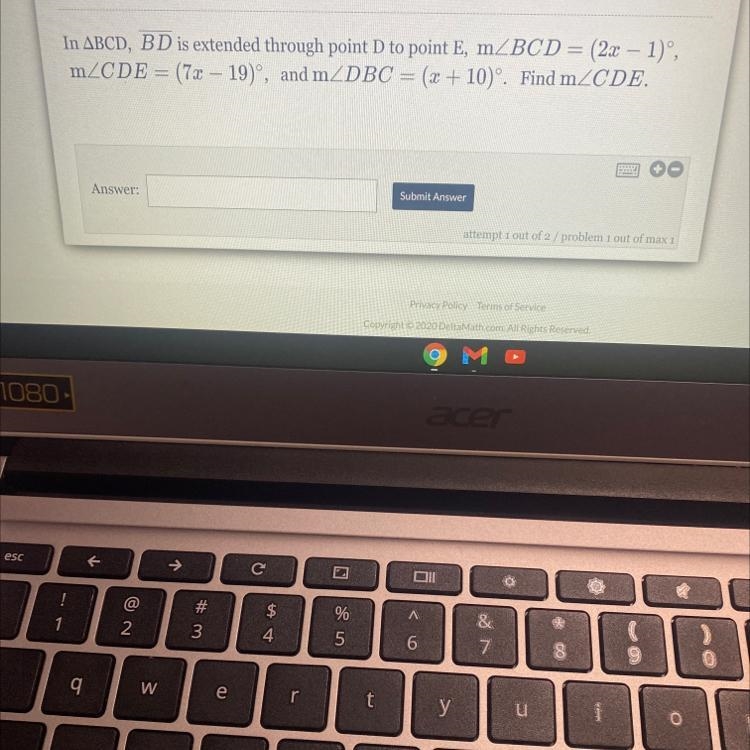 In ABCD, BD is extended through point D to point E, m BCD = (2x – 1)º,mZCDE = (7x-example-1