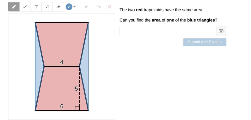 The two red trapezoids have the same area. Can you find the area of one of the blue-example-1