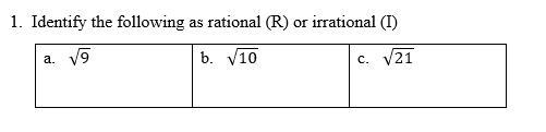 Identify the following as rational (R) or irrational (I)Which of the following are-example-2