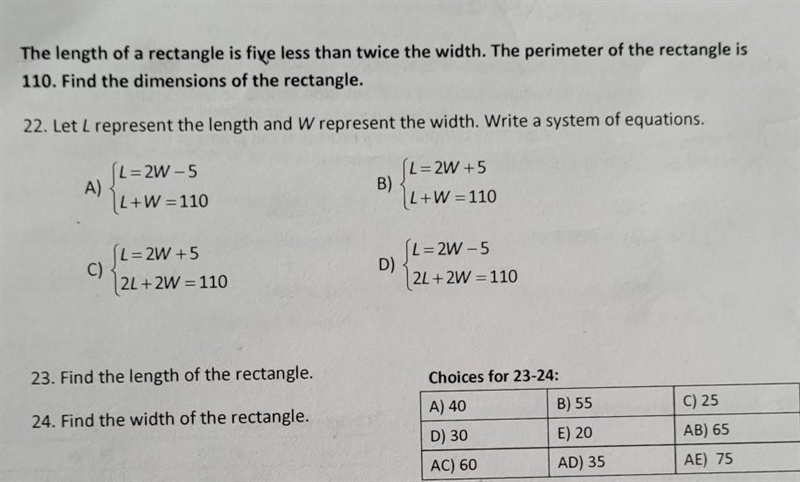 The length of a rectangle is five less than twice the width. The perimeter of the-example-1