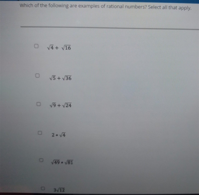 Which of the following are examples of rational numbers? Select all that apply. ​-example-1