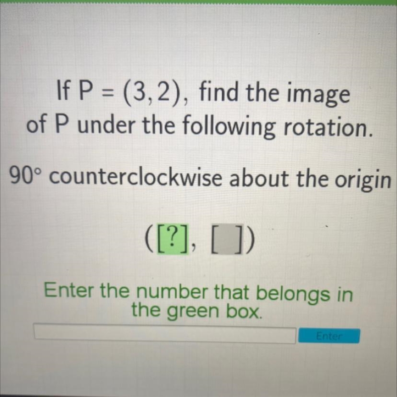 If P = (3,2), find the imageof P under the following rotation.90° counterclockwise-example-1