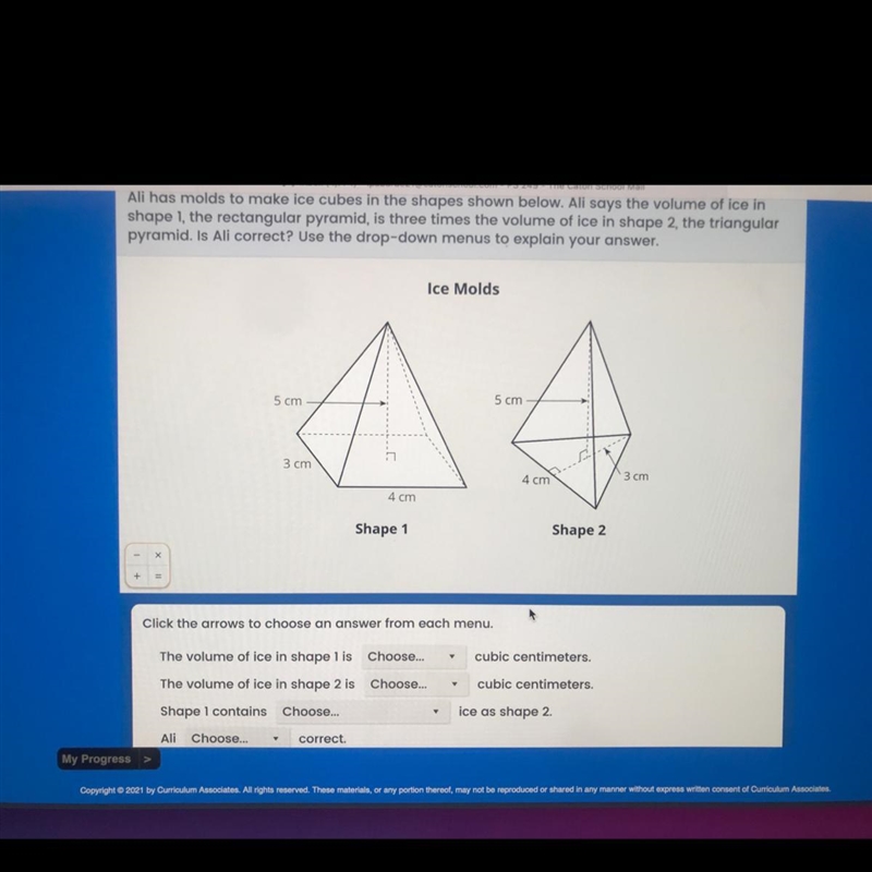 Ali has molds to make ice cubes in the shapes shown below. Ali says the volume of-example-1