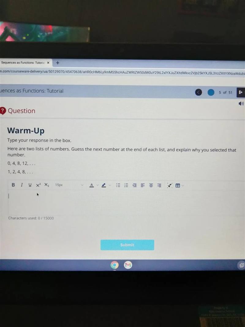 Warm-Up Type your response in the box. Here are two lists of numbers. Guess the next-example-1