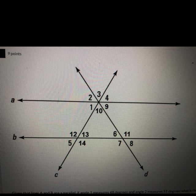 Given that lines A and B are parallel, if angle 1 measures 48 degrees and angle 2 measures-example-1