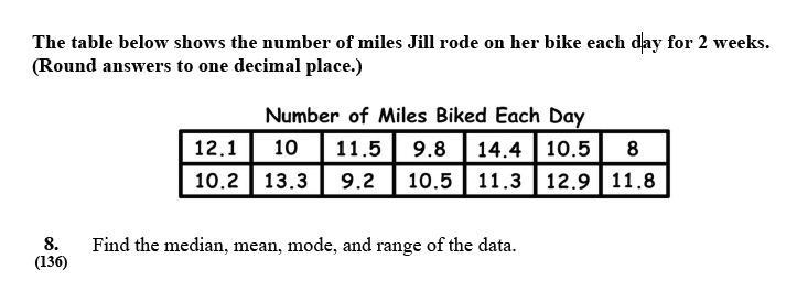 Find the median, mean, mode, and range of the data.-example-1