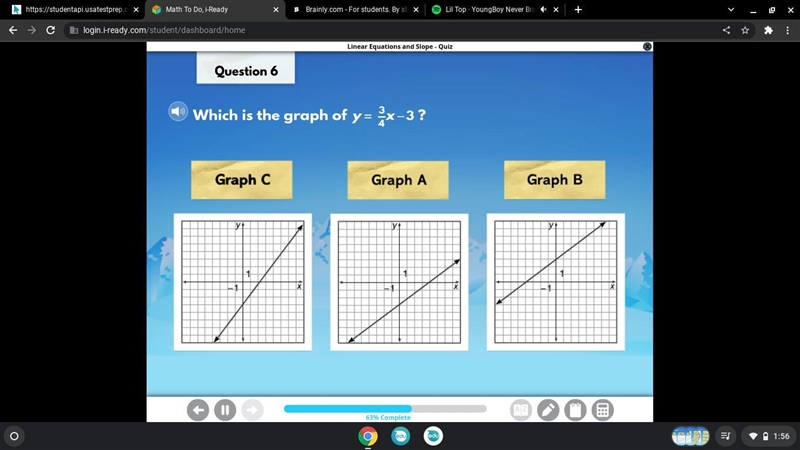 What is the graph of y=3/4x-3?-example-1