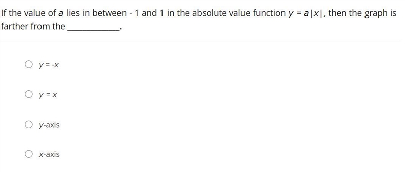 If the value of a lies in between - 1 and 1 in the absolute value function y = a|x-example-1