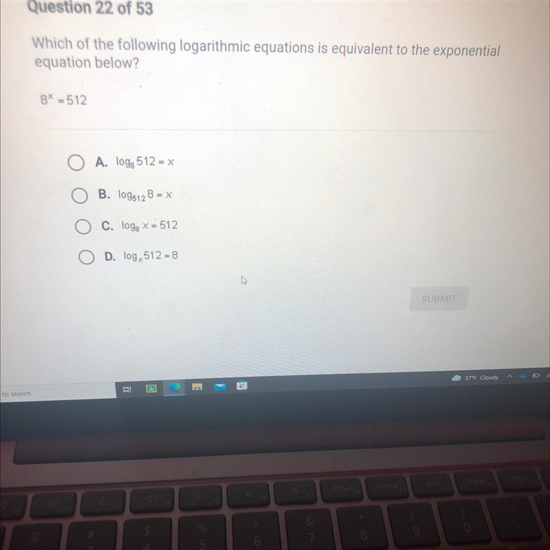 Which of the following logarithmic equations is equivalent to the exponentialequation-example-1