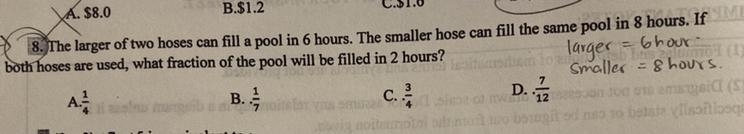 8. The larger of two hoses can fill a pool in 6 hours. The smaller hose can fill the-example-1