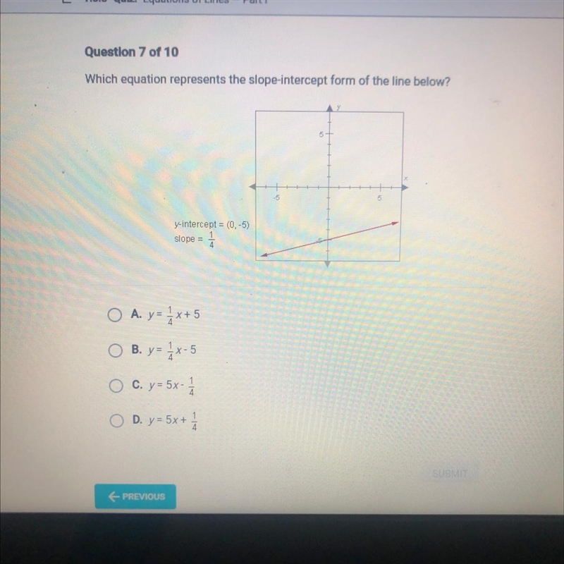 Which equation represents the slope-intercept form of the line below? y-intercept-example-1