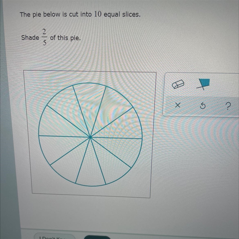 The pie below is cut into 10 equals slices shade-example-1