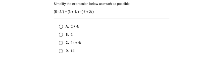 Simplify the expression below as much as possible.(5 - 2i ) + (3 + 4i ) - (-6 + 2i-example-1