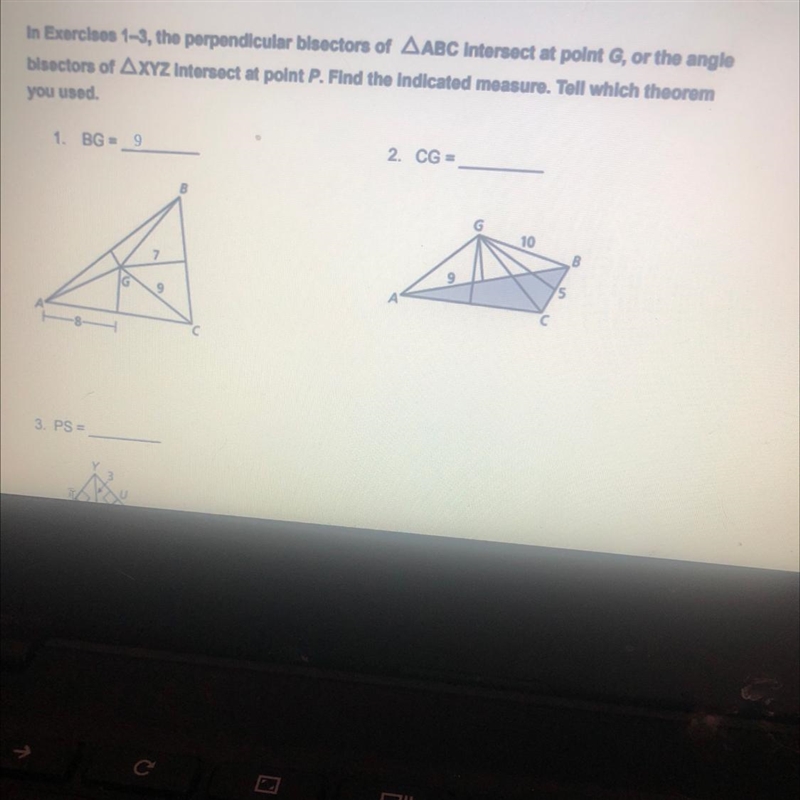 In Exercises 1-3, the perpendicular blsectors of ABC Intersect at point G, or the-example-1