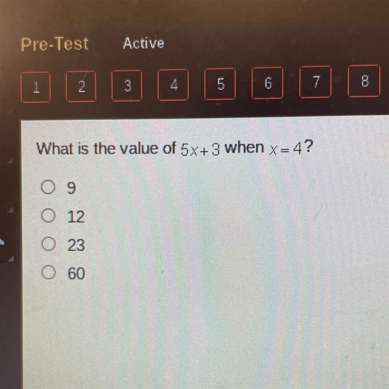 What is the value of 5x+3 when x=4? A. 9 B. 12 C. 23 D. 60-example-1