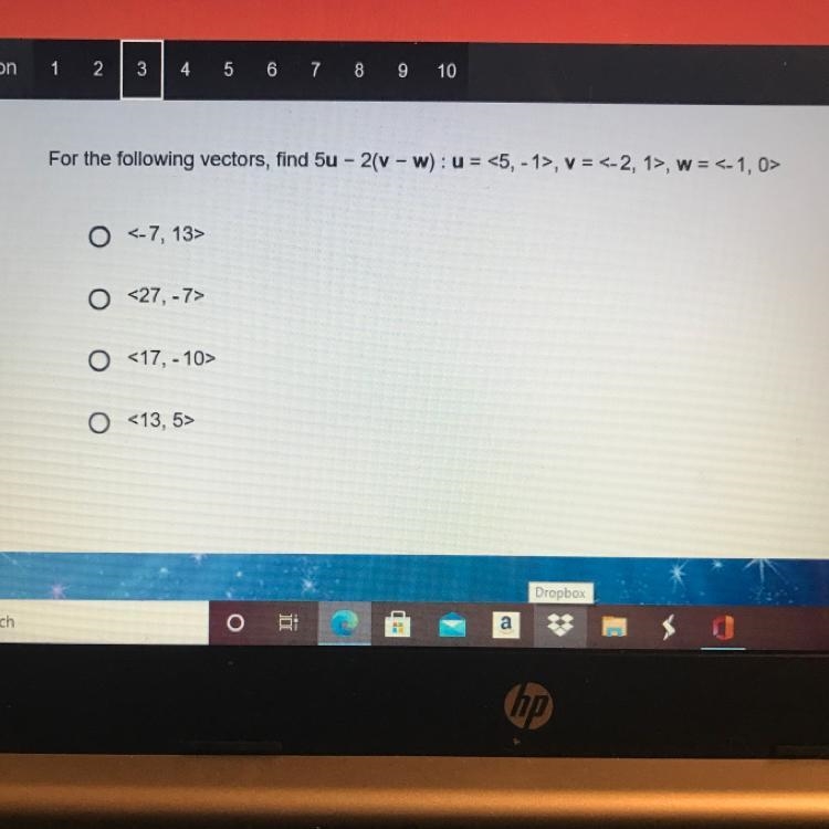 For the following vectors, find 5u - 2(v - W): u = <5, -1>, v = <-2, 1&gt-example-1