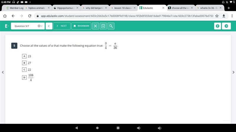 Choose all values of a that makes following equation true :3/4=a/36-example-1