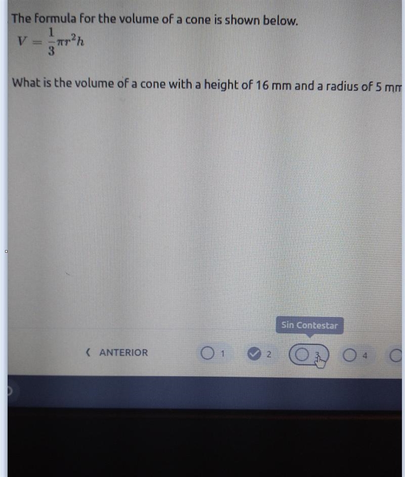 3. The formula for the volume of a cone is shown below. 1 V = - r'n 3 What is the-example-1