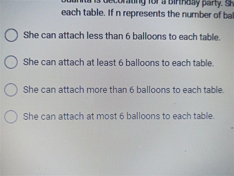 Juanita is decorating for a birthday party. She buys more than 30 balloons and attaches-example-1