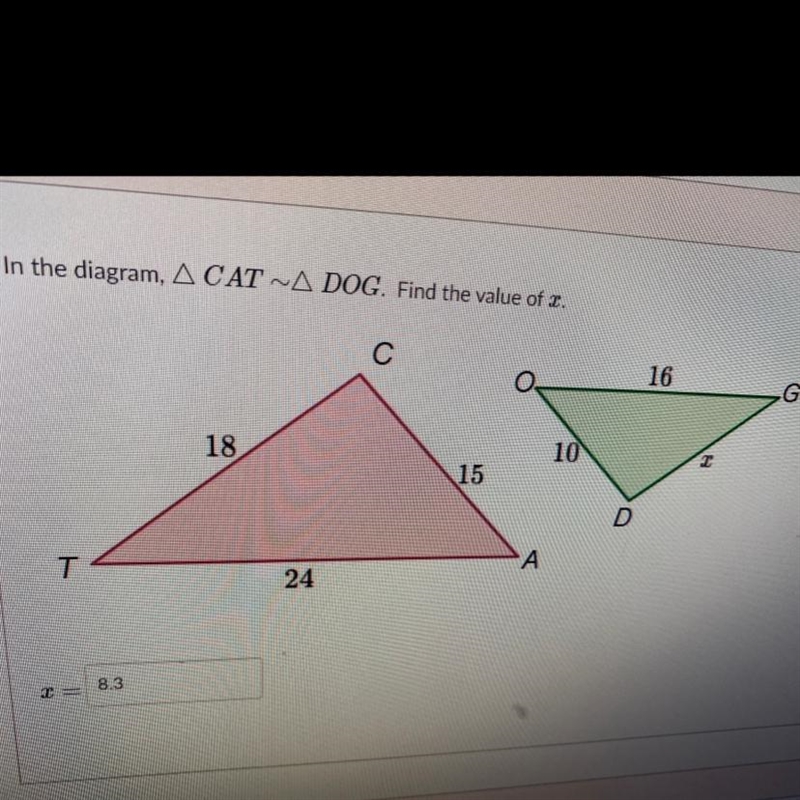 In the diagram, A CAT ~ADOG. Find the value of I.С161810215DT248.3I =-example-1