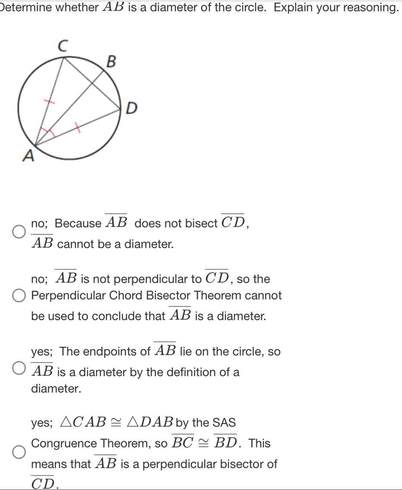 Determine whether AB¯¯¯¯¯¯¯¯ A B ¯ is a diameter of the circle. Explain your reasoning-example-1