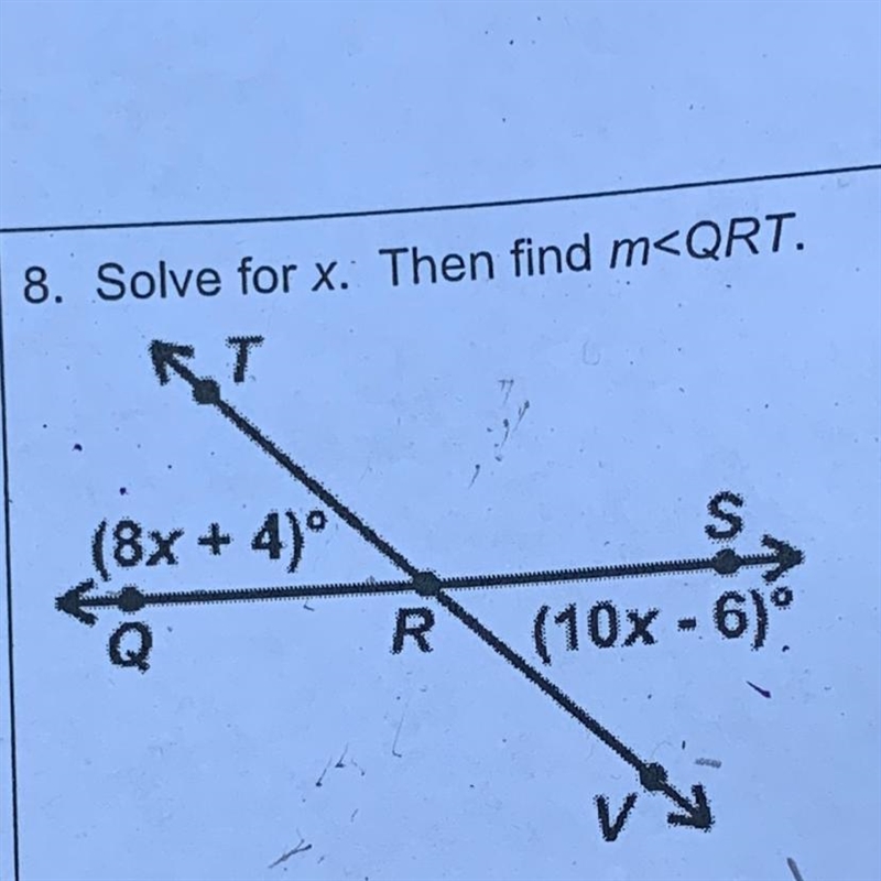 Solve for x. Then find m (8x+4)° (10x-6)° Both lines are intersecting and the two-example-1