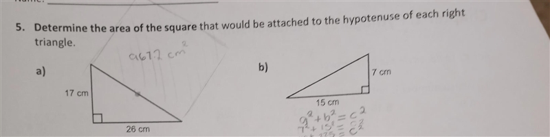 5. Determine the area of the square that would be attached to the hypotenuse of each-example-1