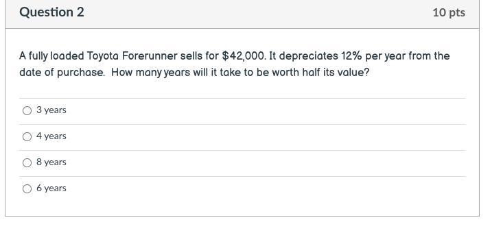 A fully loaded Toyota Forerunner sells for $42,000. It depreciates 12% per year from-example-1