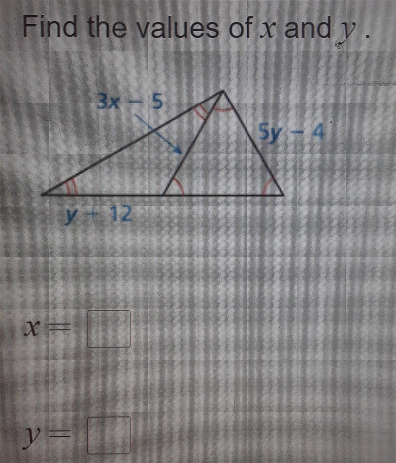 Find the values of x and y.​ x= ? y= ?-example-1