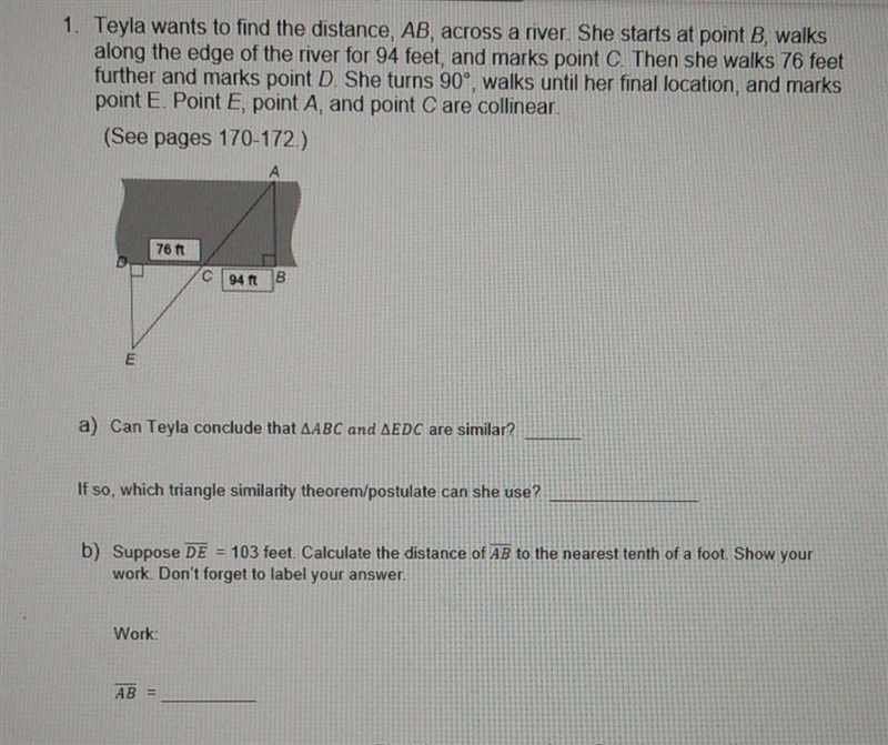 (practice test help!!) Teyla wants to find the distance, AB, across a river. She starts-example-1