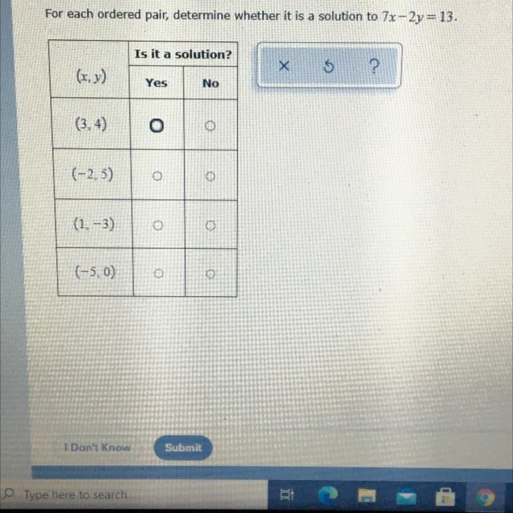 For each ordered pair, determine whether it is a solution to 7x-2y=13-example-1