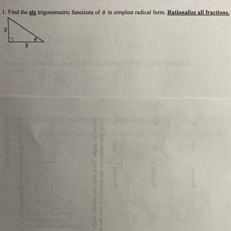 Find the six trigonometric functions of 0 in simplest radical form. Rationalize all-example-1