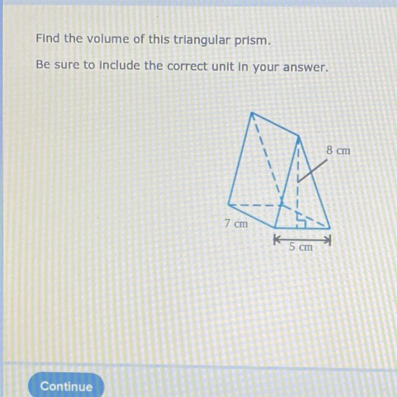 Find the volume of this triangular prism.Be sure to include the correct unit in your-example-1